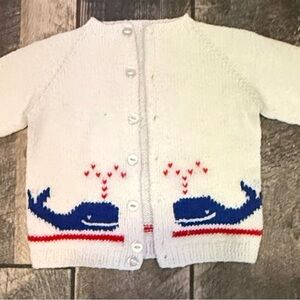 Vintage Hand Knit Whale Cardigan Sweater Child 2T-4T Hearts Nautical Cottagecore